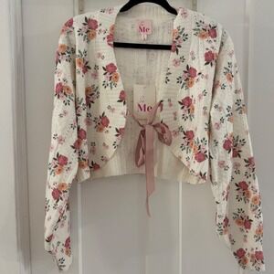 NWT So Me Women's CottageCore Floral Cardigan Ribbon Bow Tie Front Sweater Large